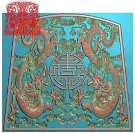 龙凤棺材挡板双龙精雕图浮雕灰度