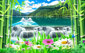 竹林流水风景背景墙