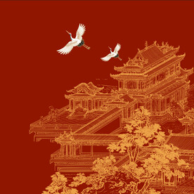 新中式阁楼楼阁背景墙装饰画