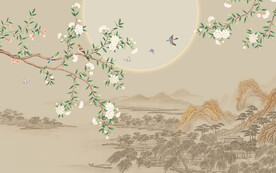 中式花鸟山水画电视背景墙