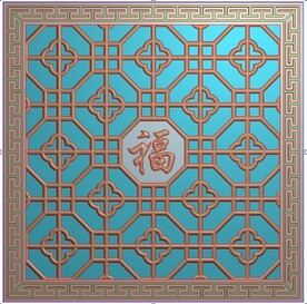 回纹边框镂空福字挂屏精雕图灰度