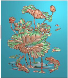 荷花鱼挂屏精雕图荷花屏风灰度图