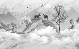 新中式大理石云雾麋鹿山水背景墙