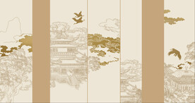 新中式阁楼楼阁背景墙装饰画