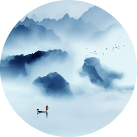 新中式云雾山水圆形装饰画