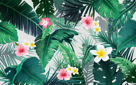 手绘雨林芭蕉叶背景墙壁画