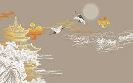 手绘线描建筑楼阁亭台装饰画壁画