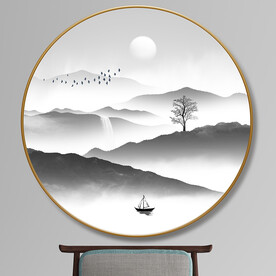 新中式圆形玄关山水墨装饰画
