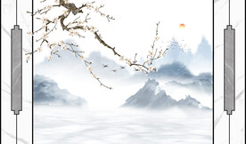 新中式水墨石纹山水护墙板