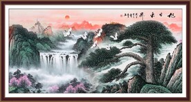 迎客松瀑布山水画