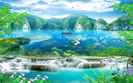 流水生财3D电视背景墙