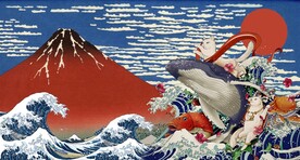 浮世绘富士山鲸鱼背景墙