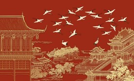 新中式手绘建筑仙鹤背景