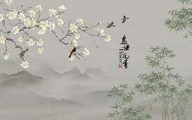 鸟语花香中式山水背景墙