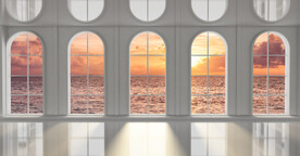 3d阳台夕阳海景背景墙