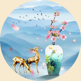 圆形意境山水麋鹿