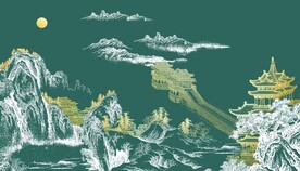 手绘山水亭台楼阁