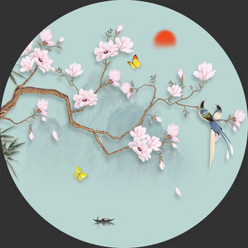 中式圆形花鸟山水