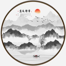 圆形水墨山水画