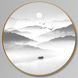 新中式山水画圆形画装饰画