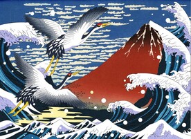 日式浮世绘海浪富士山背景 