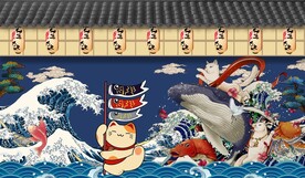 日式浮世绘招财猫背景墙