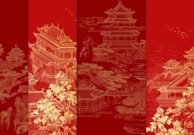 新中式手绘线条建筑背景墙