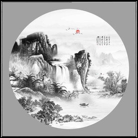 圆形水墨山水画