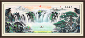迎客松瀑布山水画