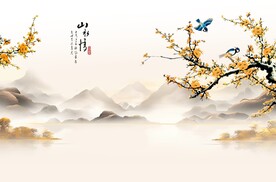 国画水墨梅花山水背景墙
