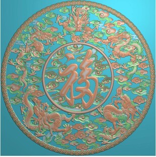 镂空五龙铜钱祥云福字精雕图灰度