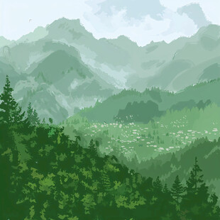 手绘森林山峰草地