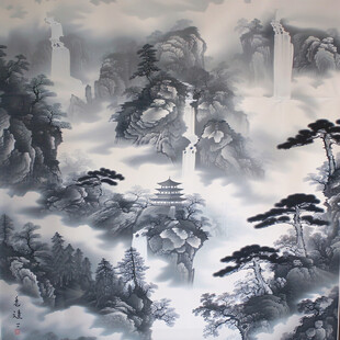 迎客松软膜天花水墨画