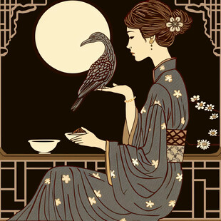 喝茶的旗袍美女插画