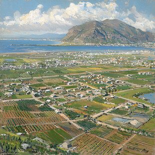 海边小村油画素材