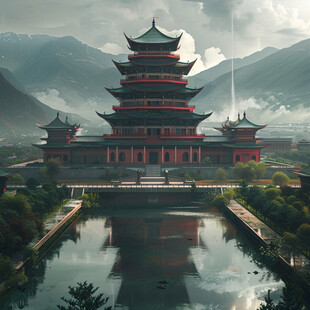 横店地标建筑山水画