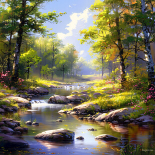 森林小溪油画