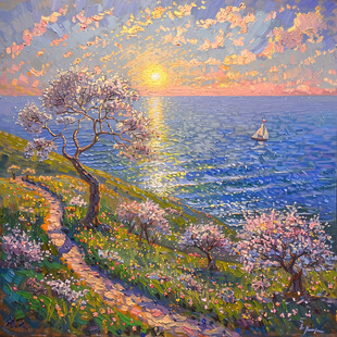 海边日落油画