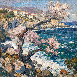 海边小村油画素材