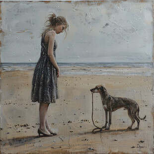 海边女孩与牵绳的狗