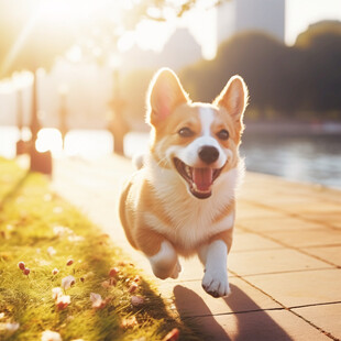 夕阳下奔跑的柯基犬