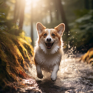 阳光下奔跑的柯基犬