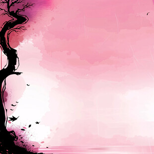 粉色天空下的孤独树影