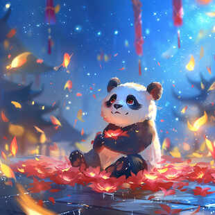 萌萌哒熊猫 漫天花瓣雨