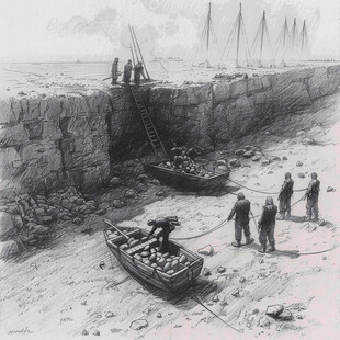 古代海堤修筑场景