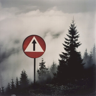 山间指路牌 雾锁前路