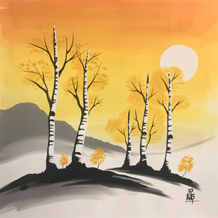 夕阳下的白桦林