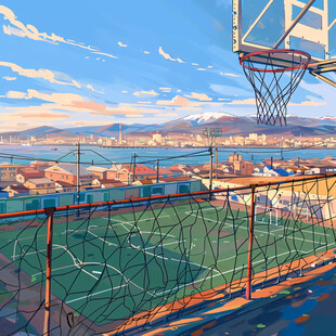 城市屋顶的篮球场