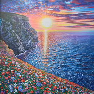 夕阳海边花海