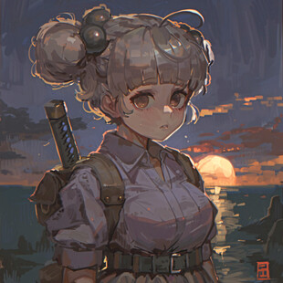 夕阳下 少女与武士刀